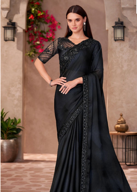 Classic Black Satin Chiffon Saree with Elegant Embroidered Border