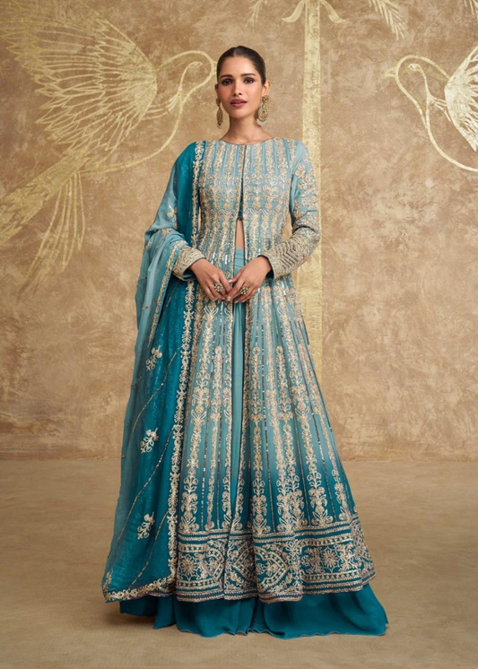 Neerja–Firozi Phool Embellished Slit Anarkali with Embroidered Dupatta