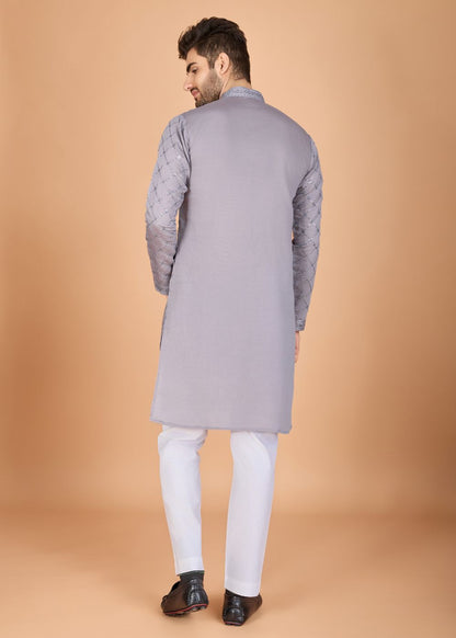 Elegant Grey Silk Kurta Set with Dupatta Detailing