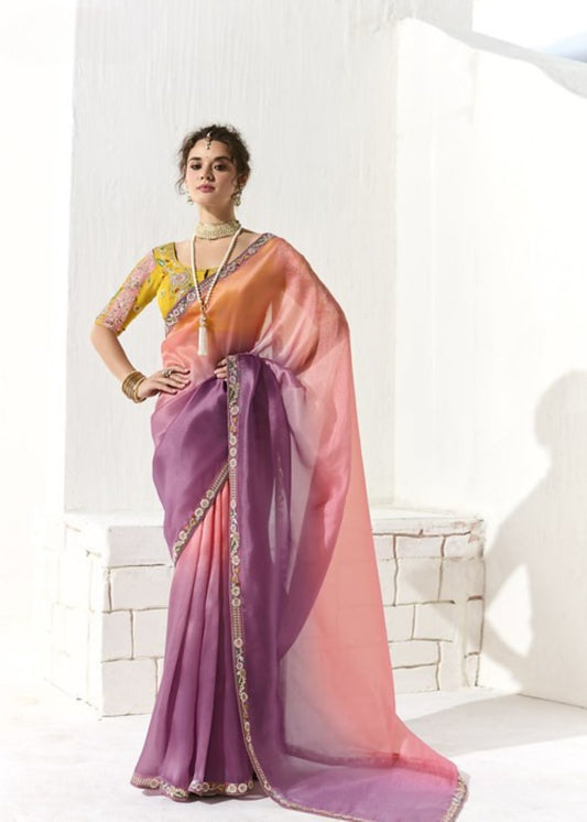 Amrapali – Lavender Pink & Yellow Organza Tissue Saree with Butta Work