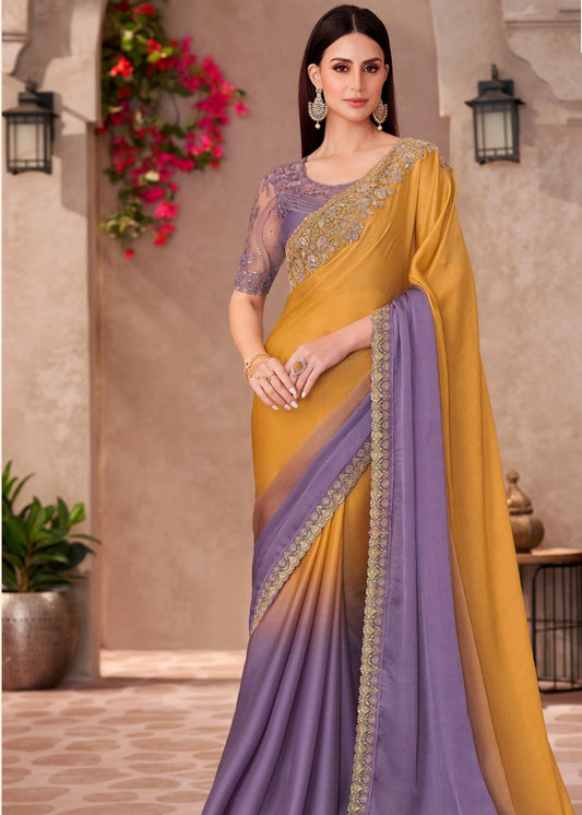 Mustard Yellow & Lavender Dual-Tone Satin Chiffon Saree