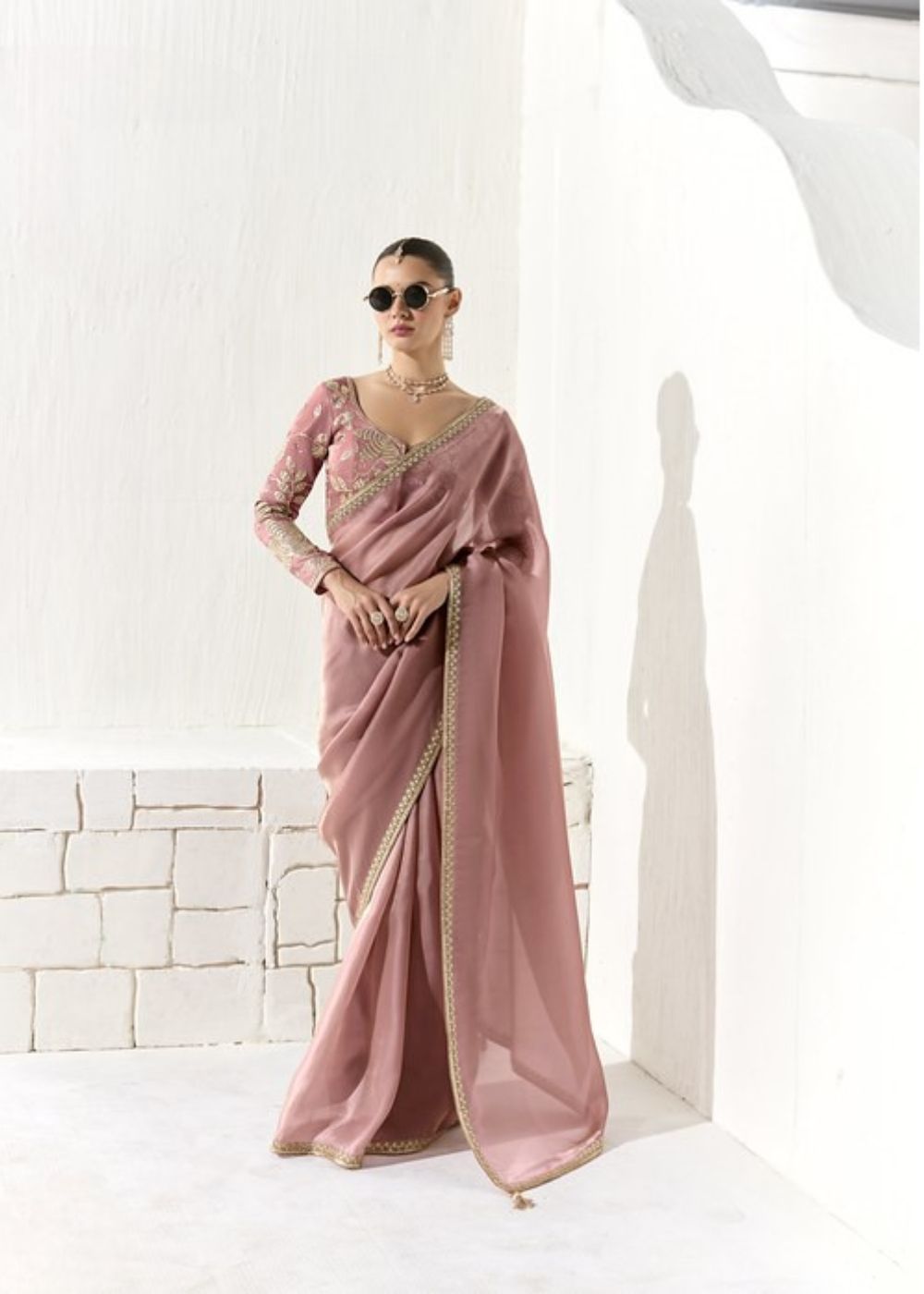 Gulabi Gharana-Dusty rose pink organza silk saree