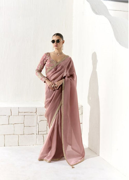 Gulabi Gharana-Dusty rose pink organza silk saree