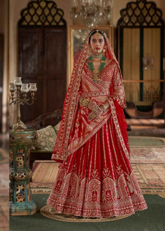 Scarlet Elegance – Classic Red Bridal Lehenga Set with Double Dupatta