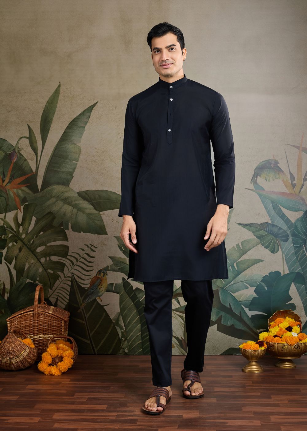 Midnight Regal – Black Viscose Silk Kurta with Rich Jacquard Designer Koti