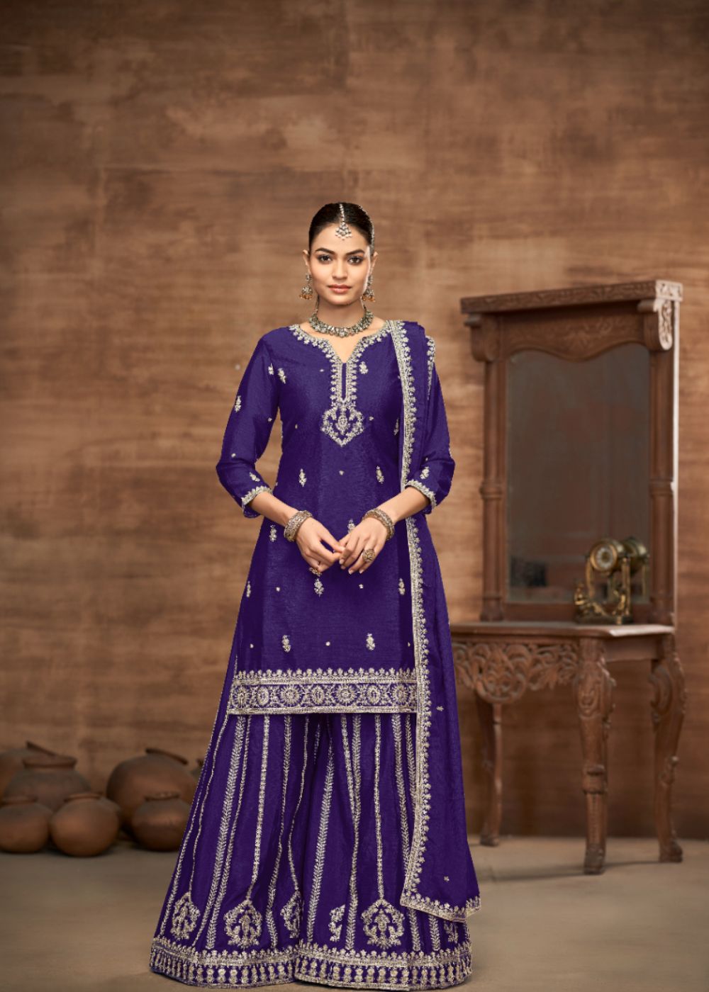 Rajwada Purple-Designer Chinon Silk Suit Set