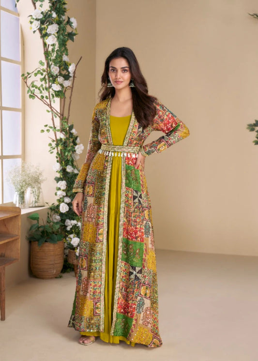 Mustard Glow Silk Embellished Shrug Set