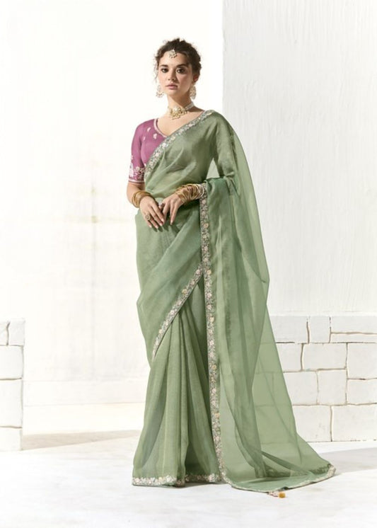 Pista Pallavi-Organza Tissue with Heavy Butta & Border Silk Saree