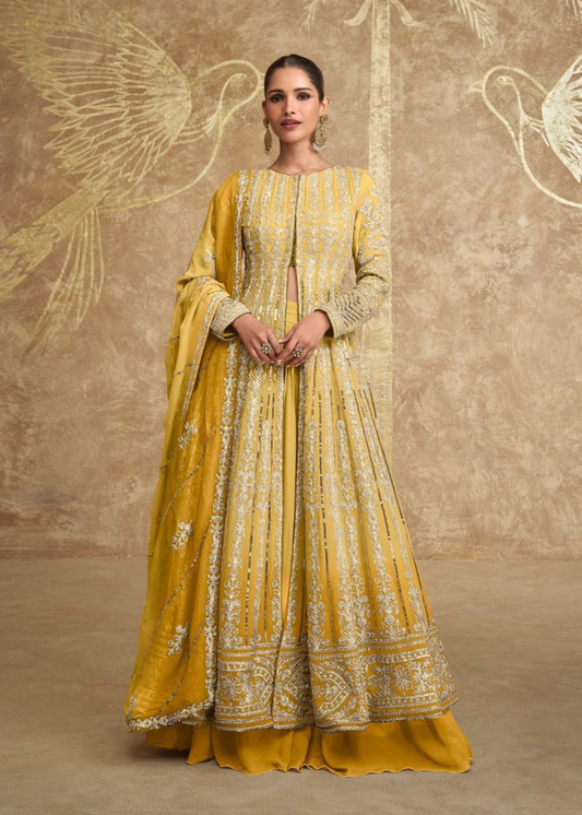 Kanak–Basanti Zari Embroidered Slit Anarkali with Embroidered Dupatta