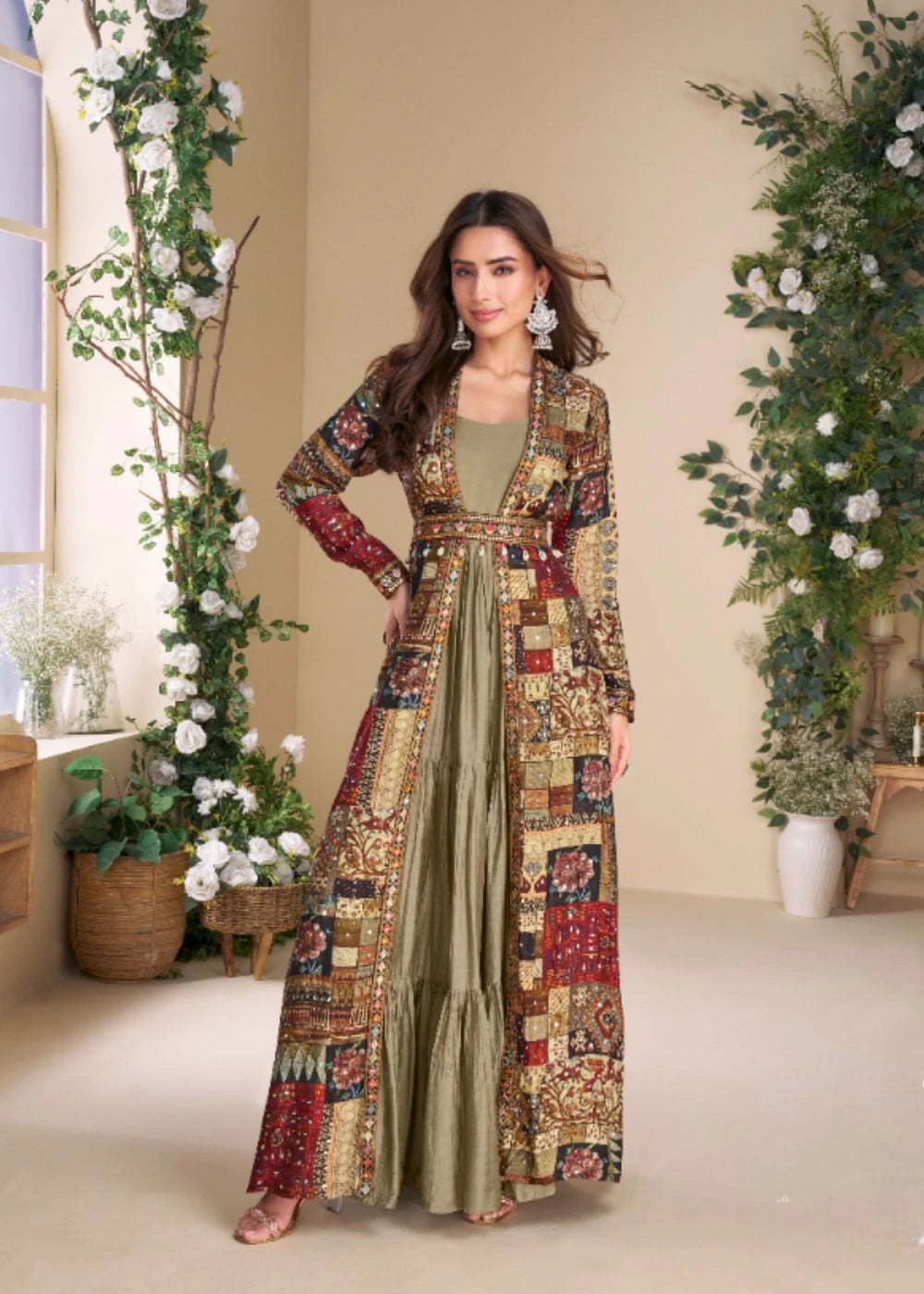Antique Olive Silk Embellished Shrug Set