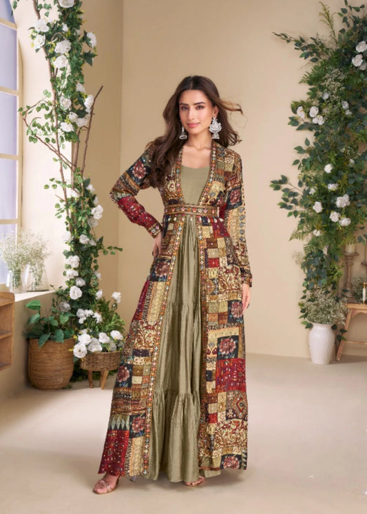 Antique Olive Silk Embellished Shrug Set
