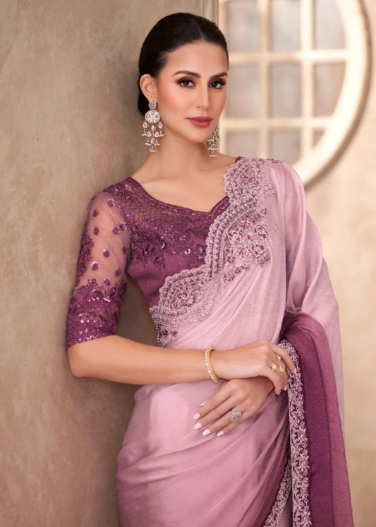 Pastel Pink Satin Chiffon Saree with Designer Embroidery