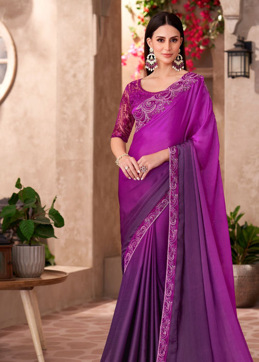 Royal Purple Satin Chiffon Saree with Designer Lace Work