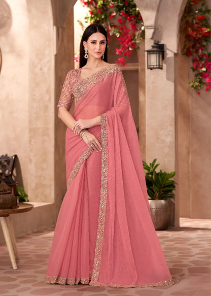 Peach Georgette saree with Heavy Lace Detailing