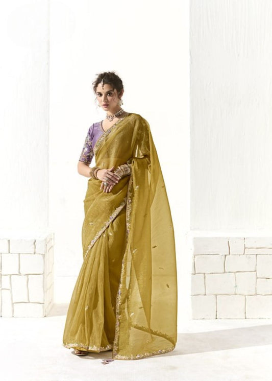 Kanaka Rekha-Mustard Yellow Organza Tissue with Heavy Butta & Border Silk Saree