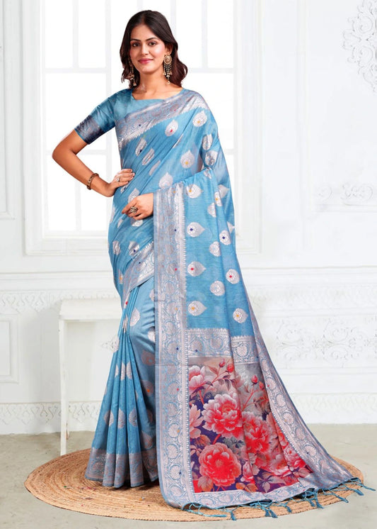Sky Blue Linen Cotton Saree with Zari Weaves & Multi-Floral Printed Pallu