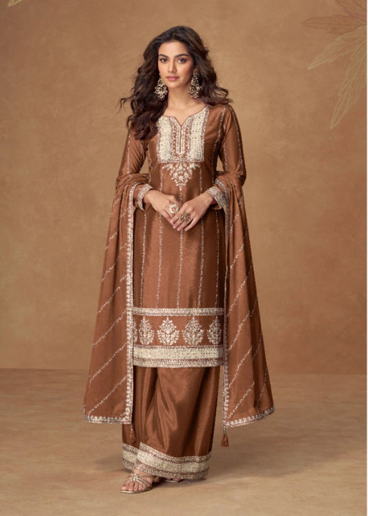 Caramel Mocha Brown Premium Chinnon Silk Suit with Exquisite Embroidery & Festive Dupatta