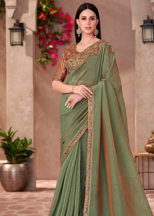 Olive Green Satin Chiffon Saree with Zari Lace Detailing