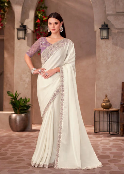 Ivory White Chiffon Saree with Embroidered Lace Border