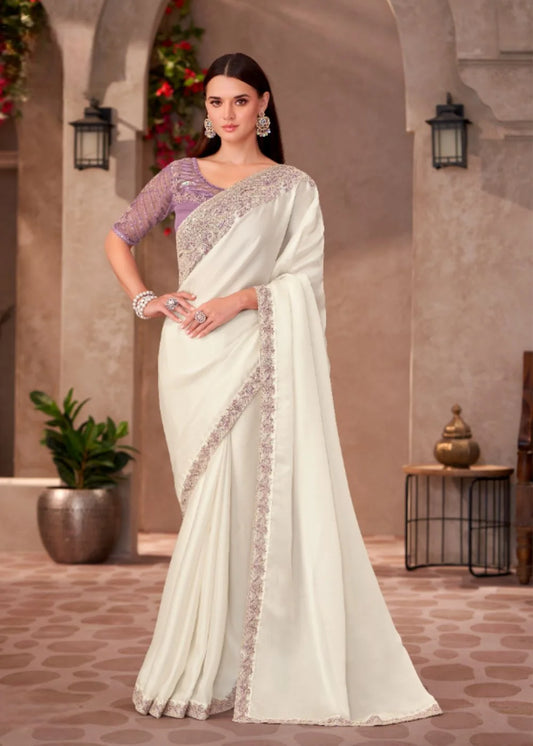 Ivory White Chiffon Saree with Embroidered Lace Border