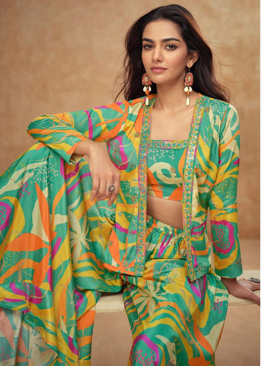 Vibrant Tropical Real Chinon & Silk Palazzo Set
