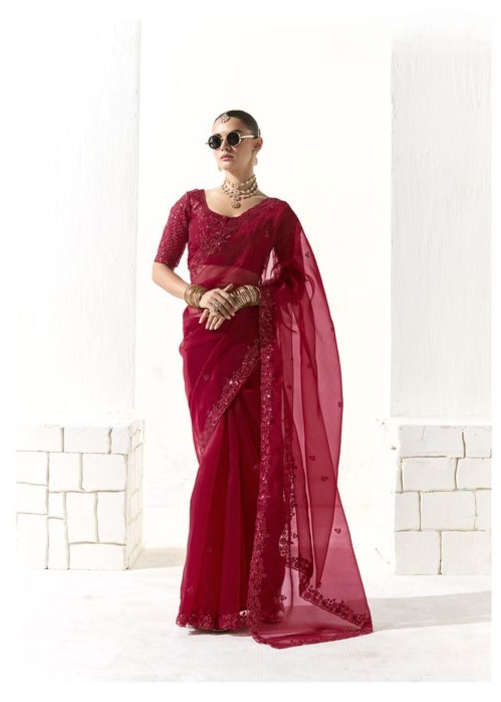 Kumudini – Deep Magenta Organza Tissue Saree with Butta Work