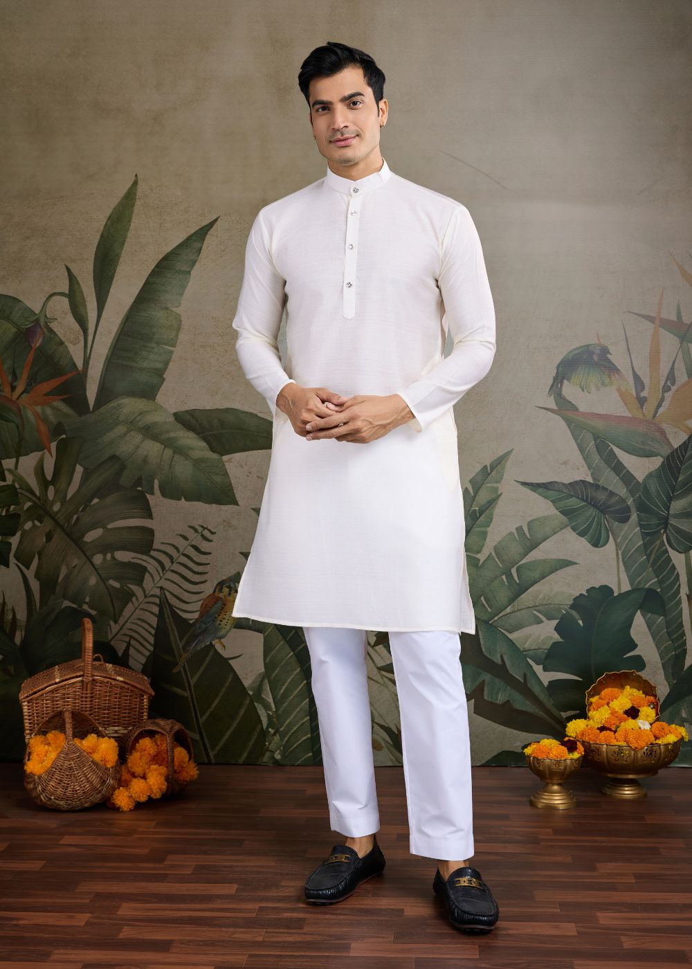 Ivory Emperor – Off White Viscose Silk Kurta with Textured Jacquard Koti
