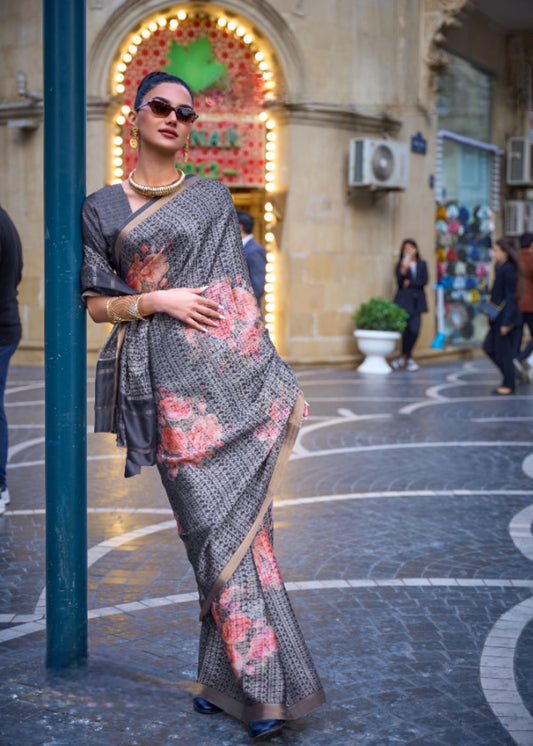 Earthy Cocoa Brown with Vintage Rose Printed Poly Viscose with Handloom Texture