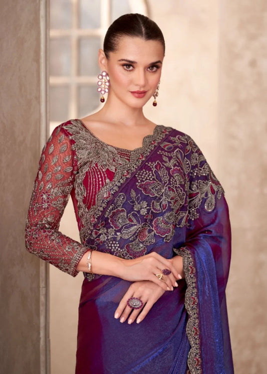 Royal Blue Satin Georgette saree with Intricate Lace Border