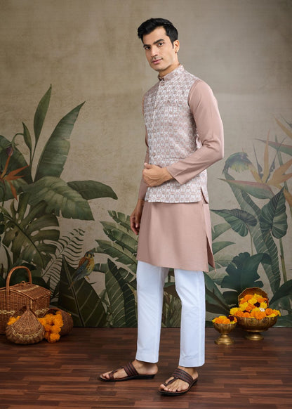 Rose Dust Royalty – Blush Beige Kurta with Designer Jacquard Silk Jacket