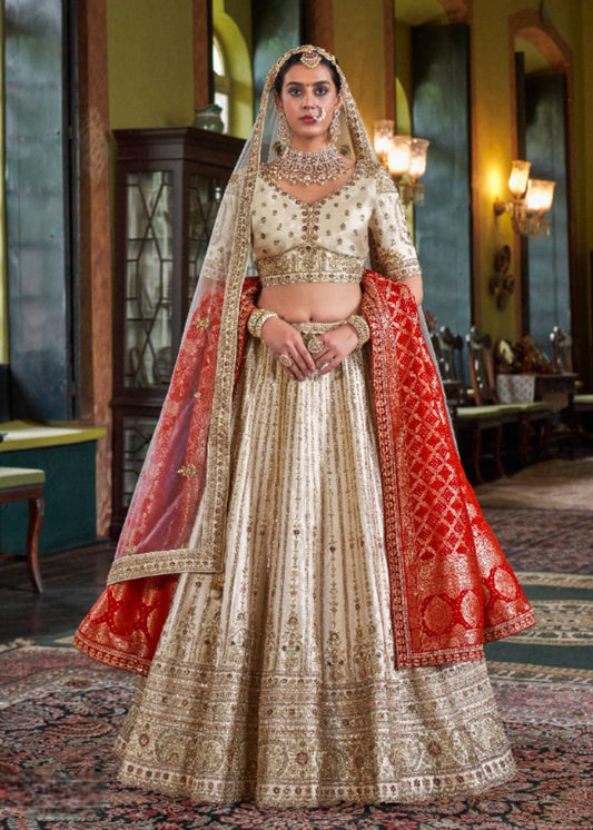Ivory Grace with Crimson Veil Bridal Lehenga