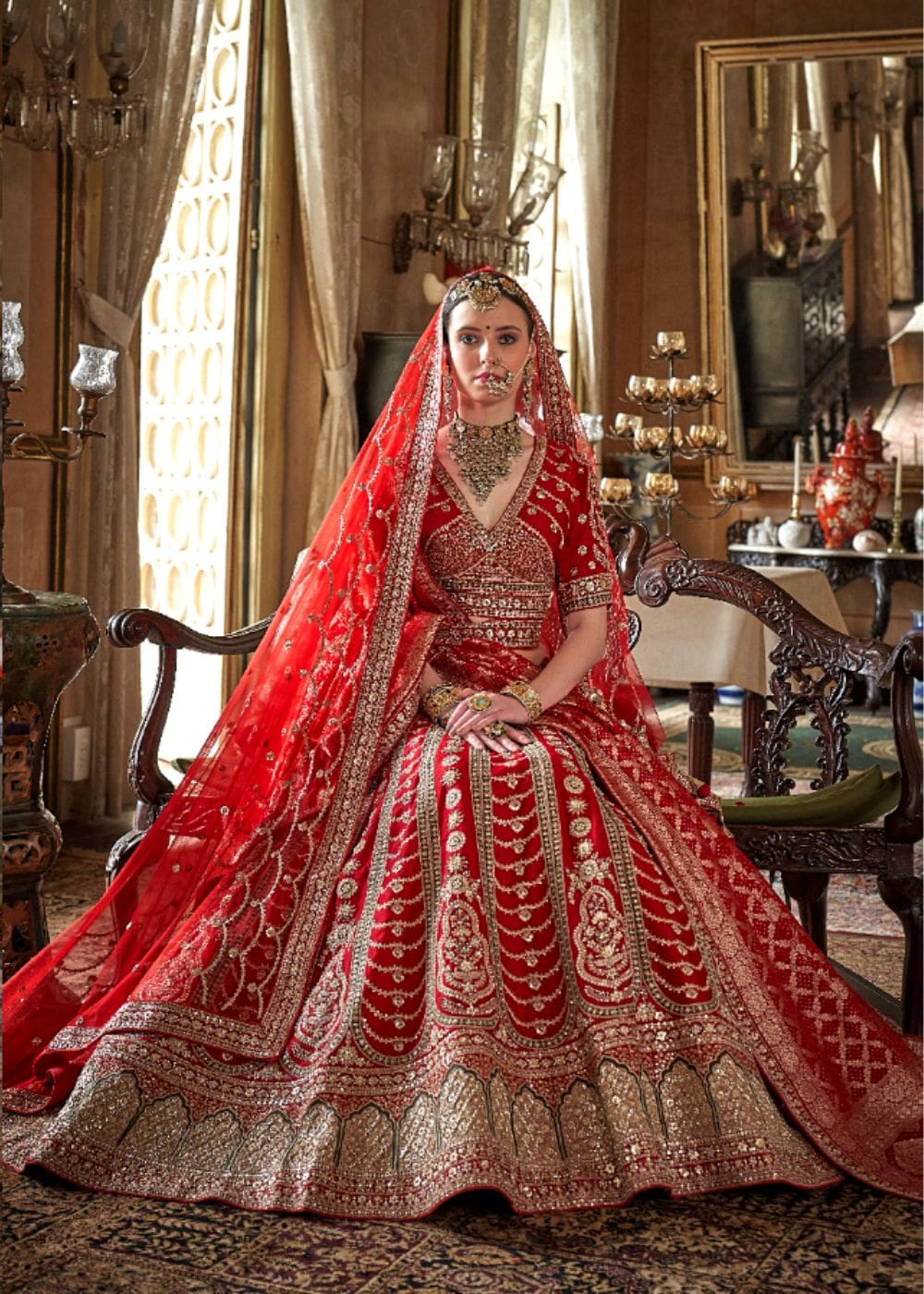 Crimson Flame & Golden Aura Bridal Lehenga