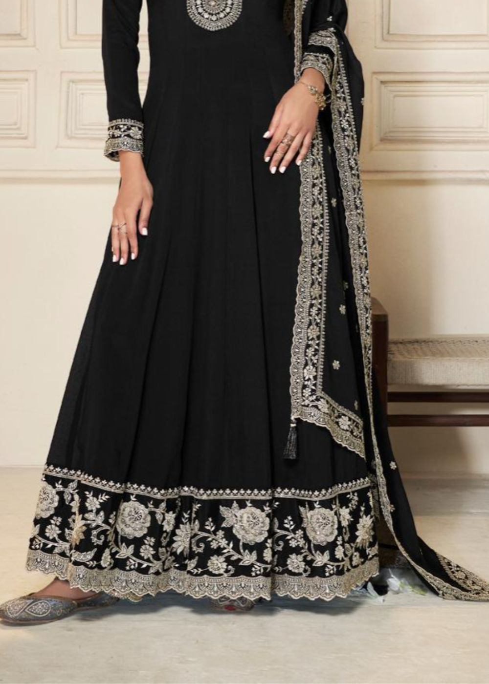 Midnight Elegance Embroidered Chinnon Gown
