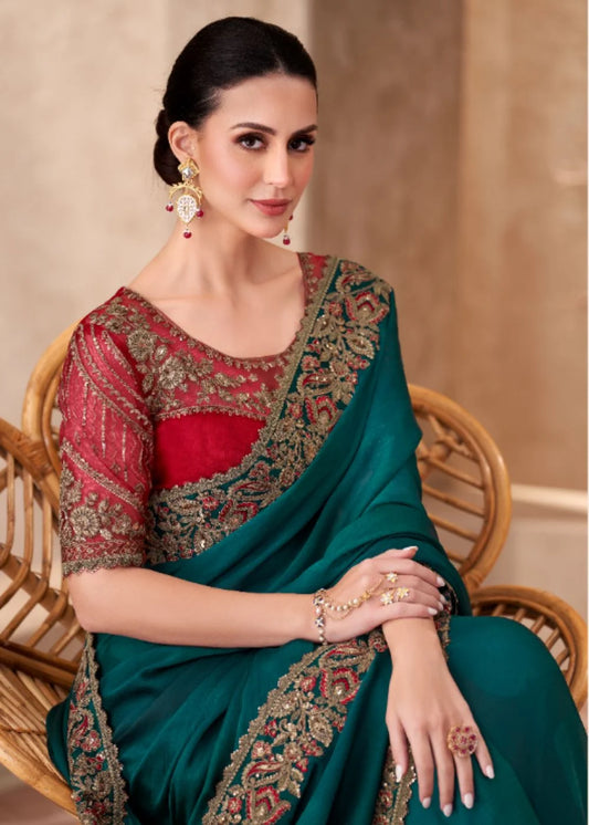 Bottle Green Chiffon Saree with Heavy Lace Embroidery