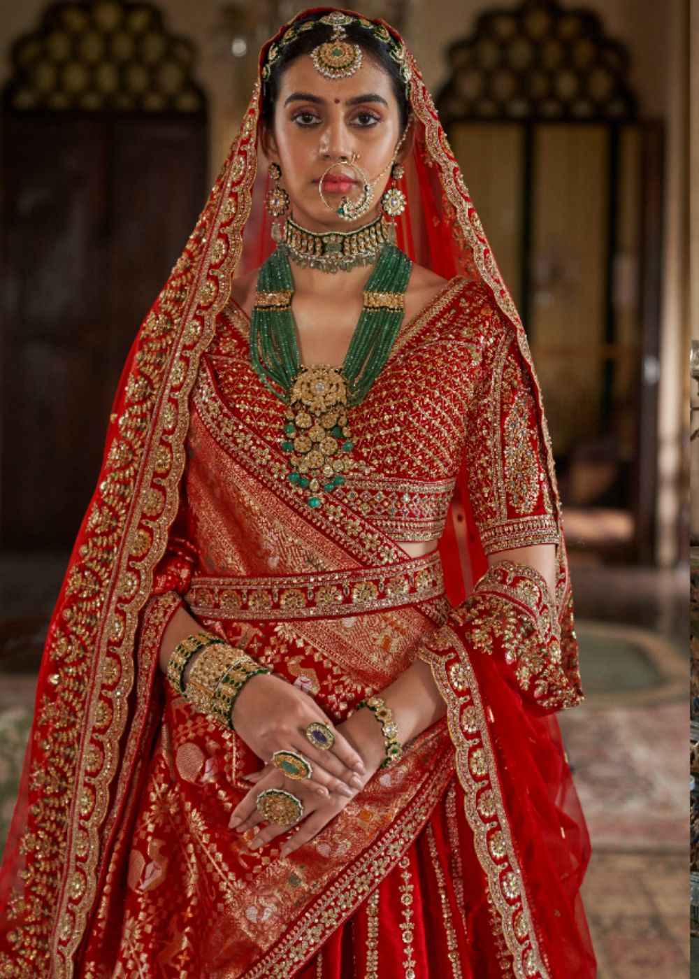 Scarlet Elegance – Classic Red Bridal Lehenga Set with Double Dupatta