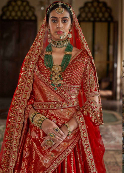 Scarlet Elegance – Classic Red Bridal Lehenga Set with Double Dupatta