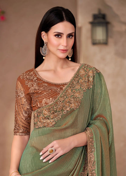 Olive Green Satin Chiffon Saree with Zari Lace Detailing