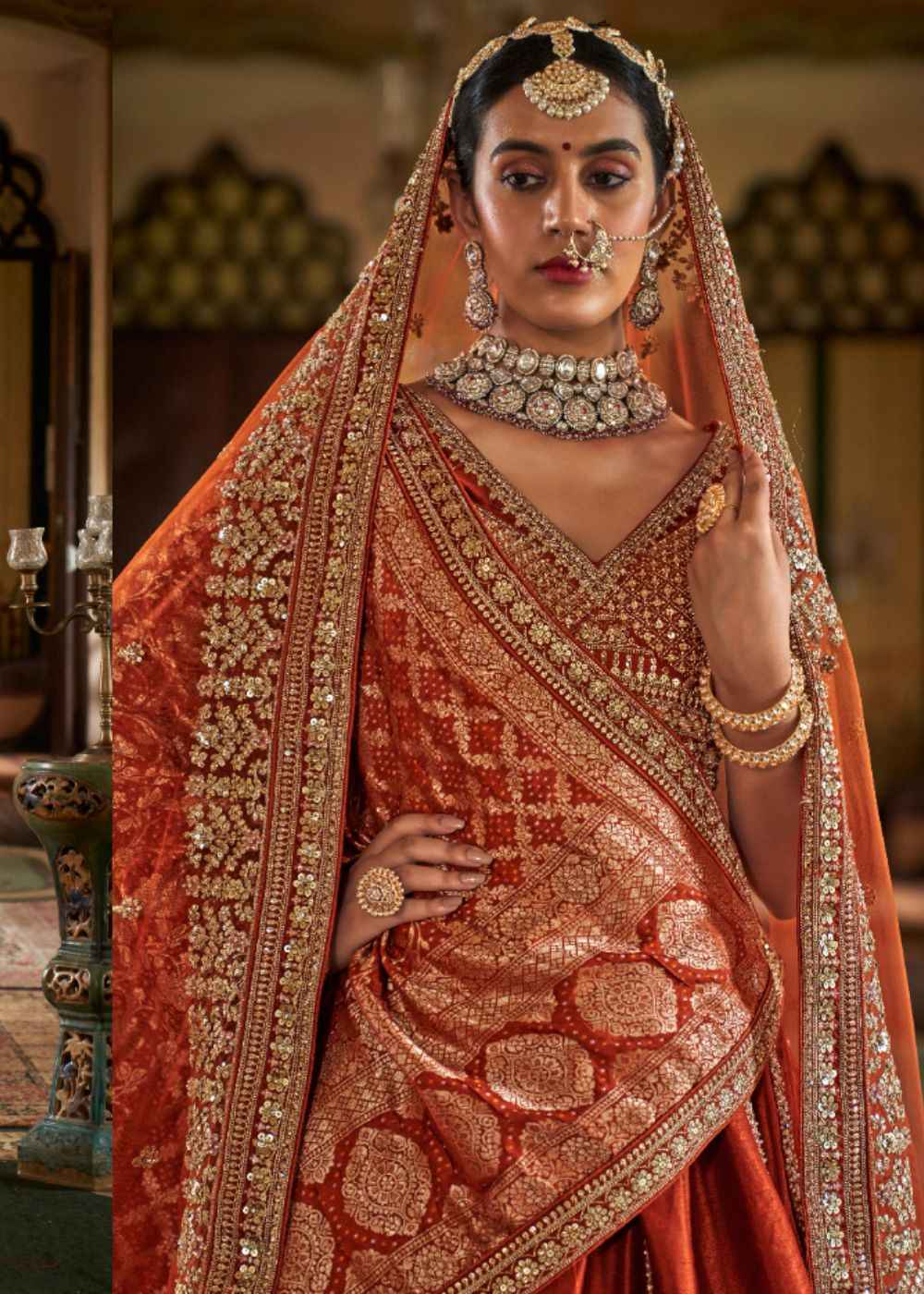 Sunset Glow – Saffron Orange Bridal Lehenga Set with Double Dupatta