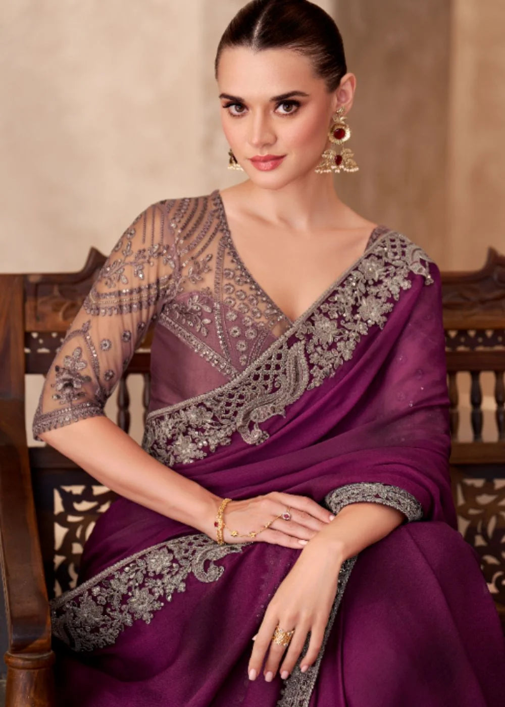 Plum Purple Satin Chiffon Saree with Shimmer Embroidered Lace