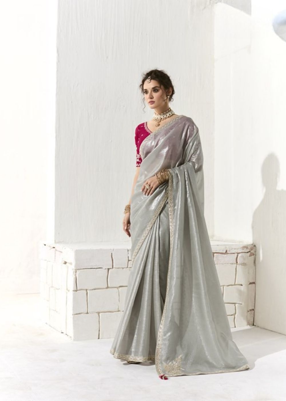 Rajsundari – Silver Grey Organza Tissue Saree with Butta & Designer Border