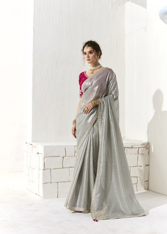 Rajsundari – Silver Grey Organza Tissue Saree with Butta & Designer Border