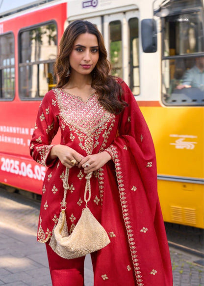 Crimson Red Simar Silk Suit with Mirror & Zari Embroidery