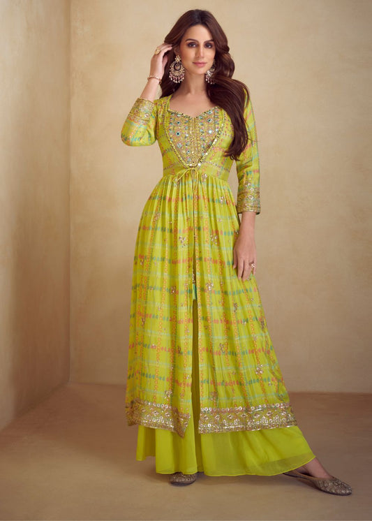 Lime Glow Real Chinon & Silk Anarkali Suit