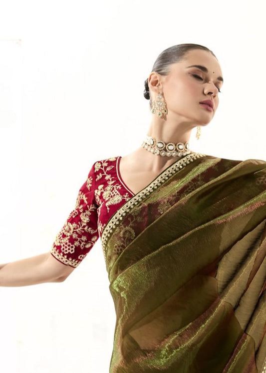 Harit Vastra – Olive Green Organza Tissue Saree with Butta Work