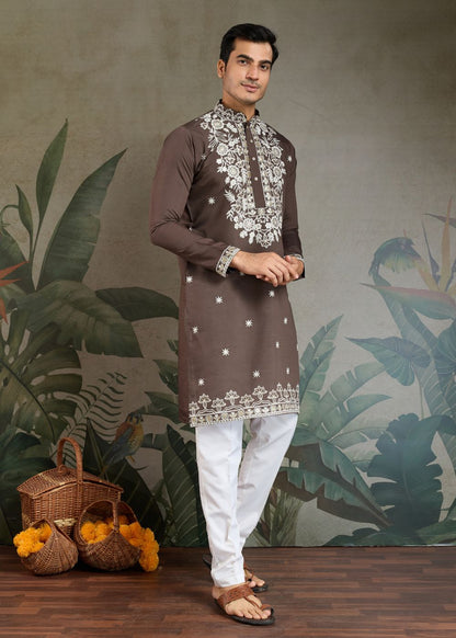 Chocolate Grey Rayon Kurta with Heritage Thread Work: Top Style Pick