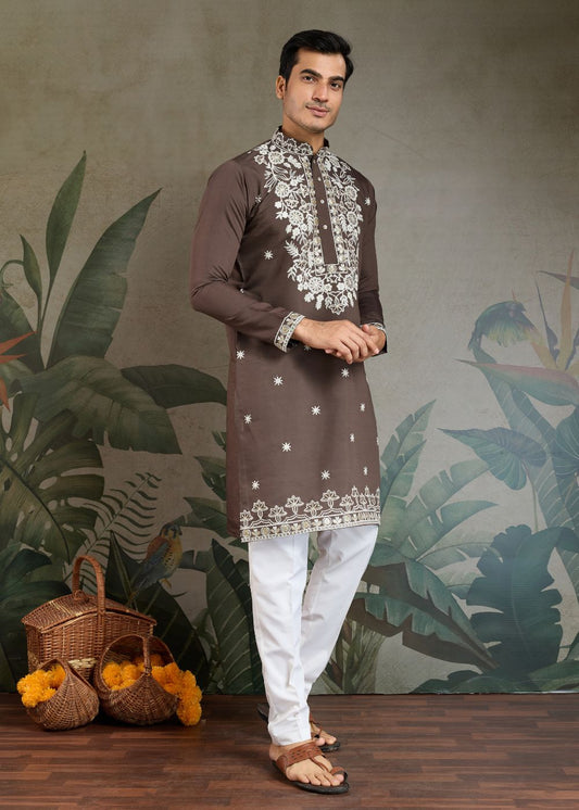 Chocolate Grey Rayon Kurta with Heritage Thread Work: Top Style Pick