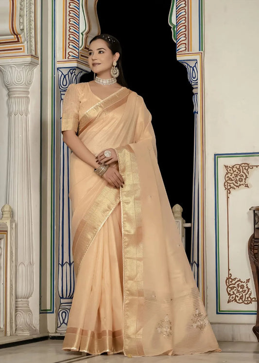 Caramel Glow Woven Saree with Designer Tassels and Khatli Embroidery