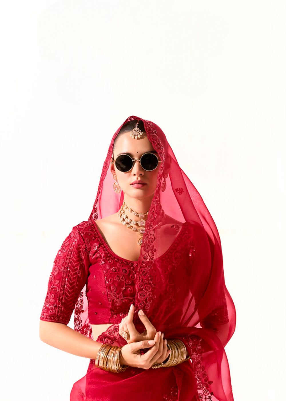 Kumudini – Deep Magenta Organza Tissue Saree with Butta Work