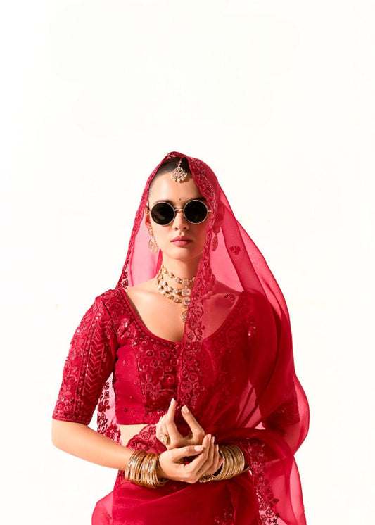 Kumudini – Deep Magenta Organza Tissue Saree with Butta Work