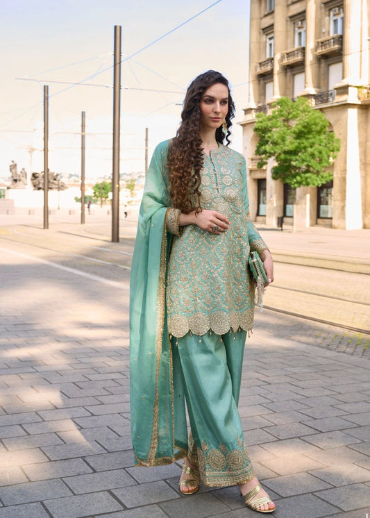 Pastel Mint Simar Silk Suit with Golden Embroidery & Scallop Dupatta